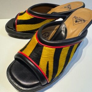 John Fluevog Women's Black and Yellow Slide Sandals Dede Yellow Tiger